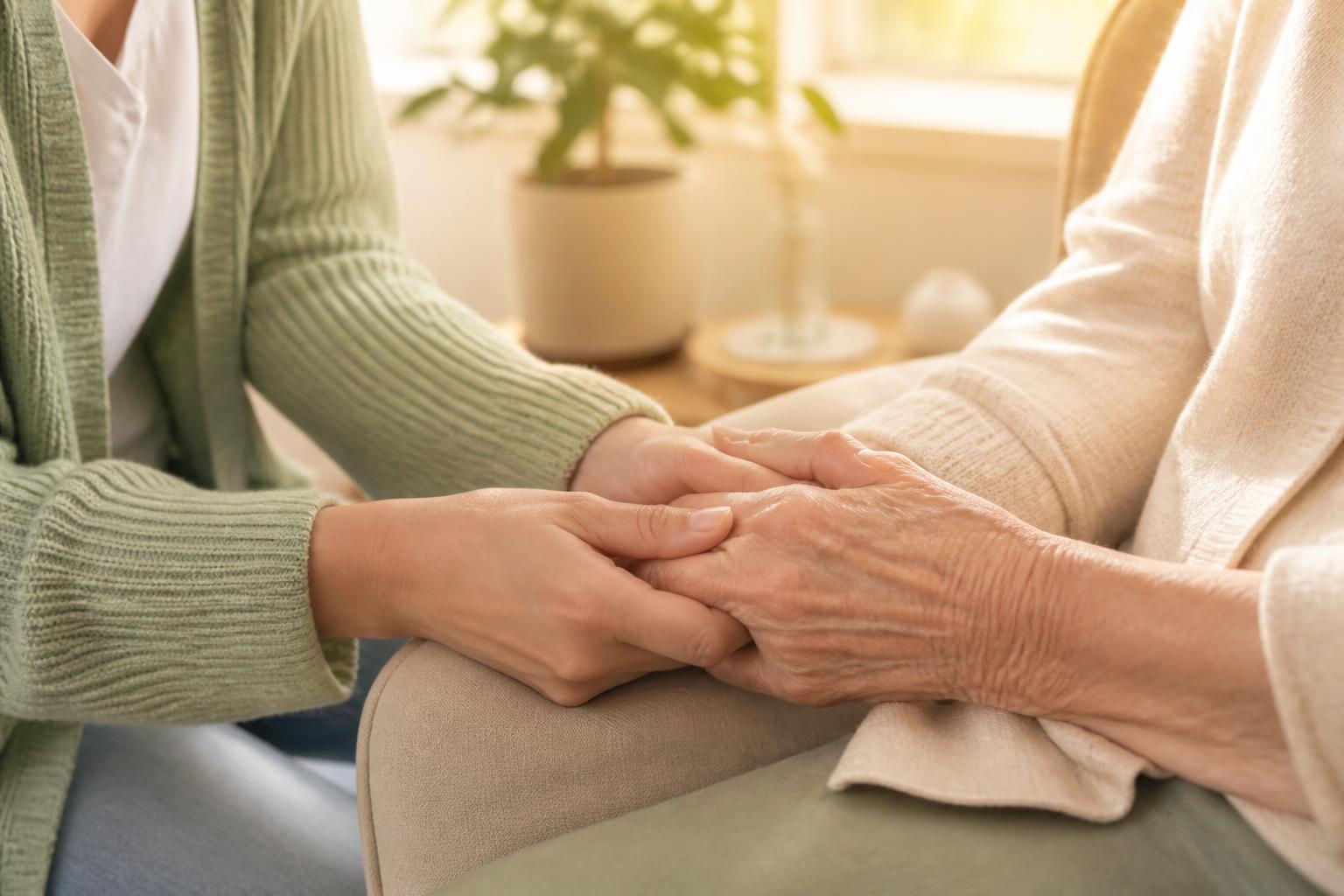 Caregiver gently holding the hand of a senior resident at Ivory Crest Care in the Inland Empire